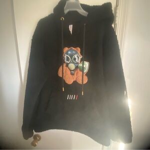 New Fifth Loop Black Fuzzy‎ Hoodie with Bear Design Medium NWT